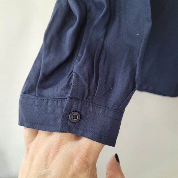 S Oliver Top Women 10 Navy Blue Button‎ Back Long Sleeve Blouse Pleated - Picture 3 of 14